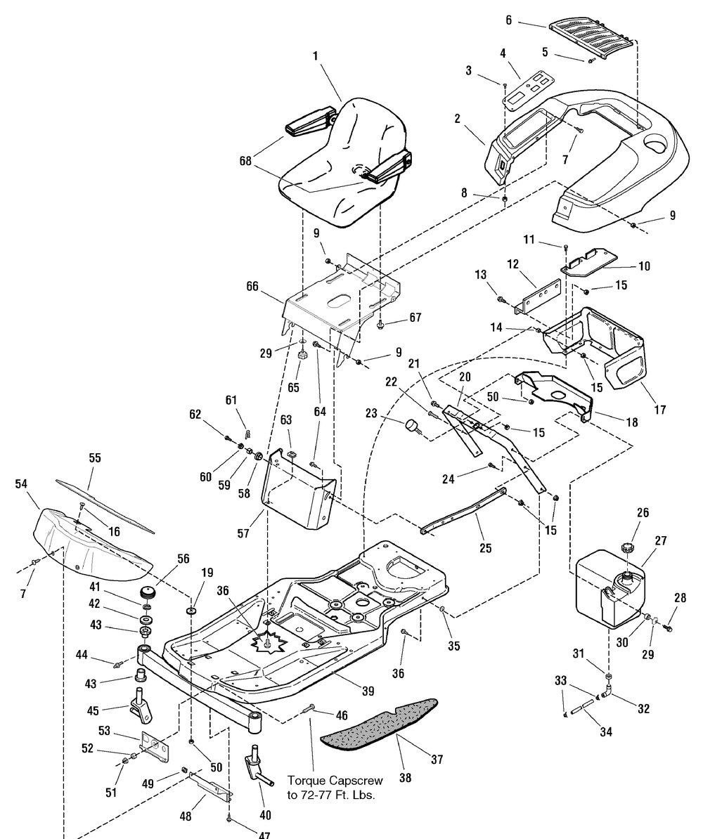 Frame, Body And Seat Group Diagram and Parts List for 2277700-107277700-ZT7000 2004 Briggs and Stratton Lawn Tractor